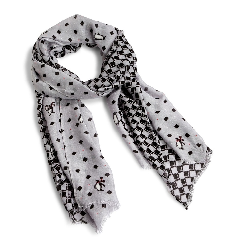 Soft Fringe Scarf Playful Penguins Gray